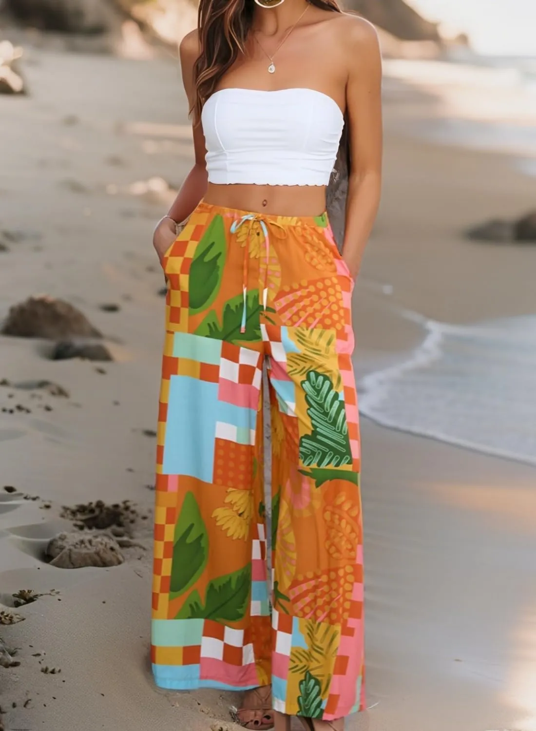 Women's Casual Pants Summer Soft Wide Leg Dress Oversized Pants with Pockets Ladies Trousers