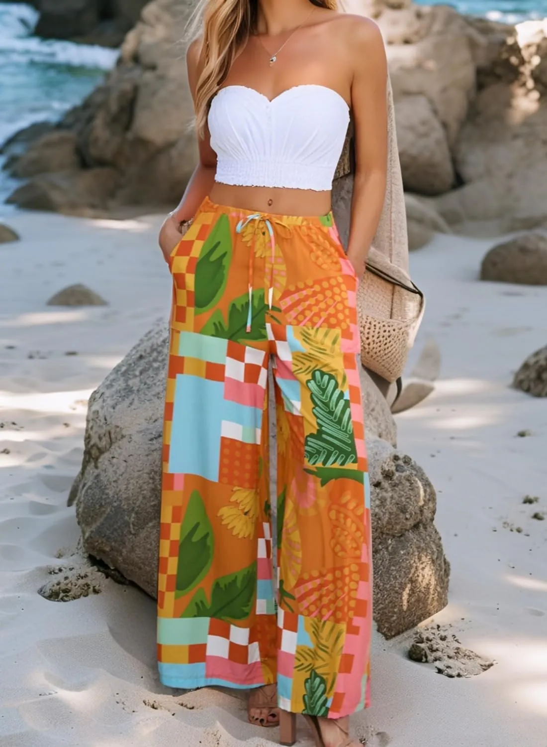 Women's Casual Pants Summer Soft Wide Leg Dress Oversized Pants with Pockets Ladies Trousers