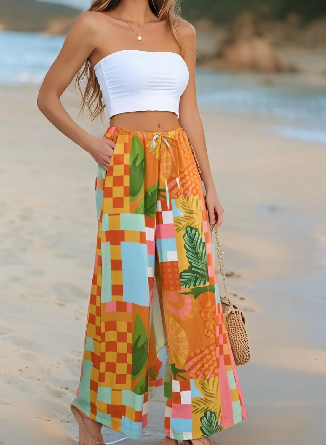 Women's Casual Pants Summer Soft Wide Leg Dress Oversized Pants with Pockets Ladies Trousers