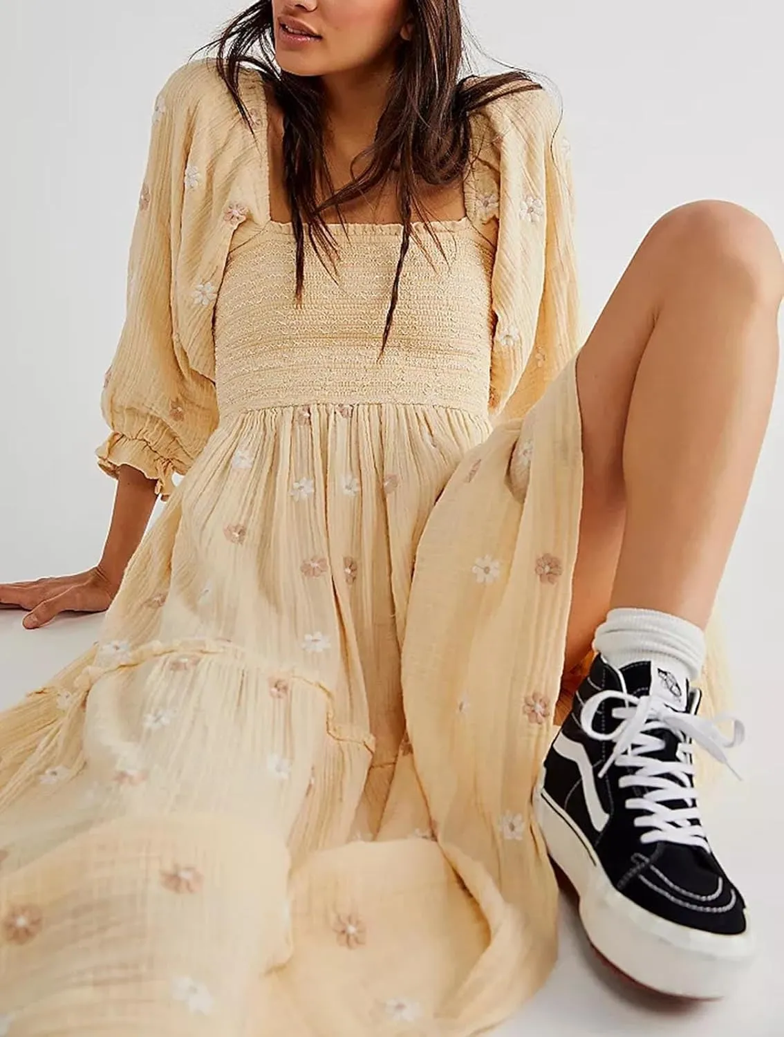 Women's Elastic Waist Flower Embroidered Maxi Dress Lantern Sleeve Square Neck Tiered Flowy Maxi Fall Dress