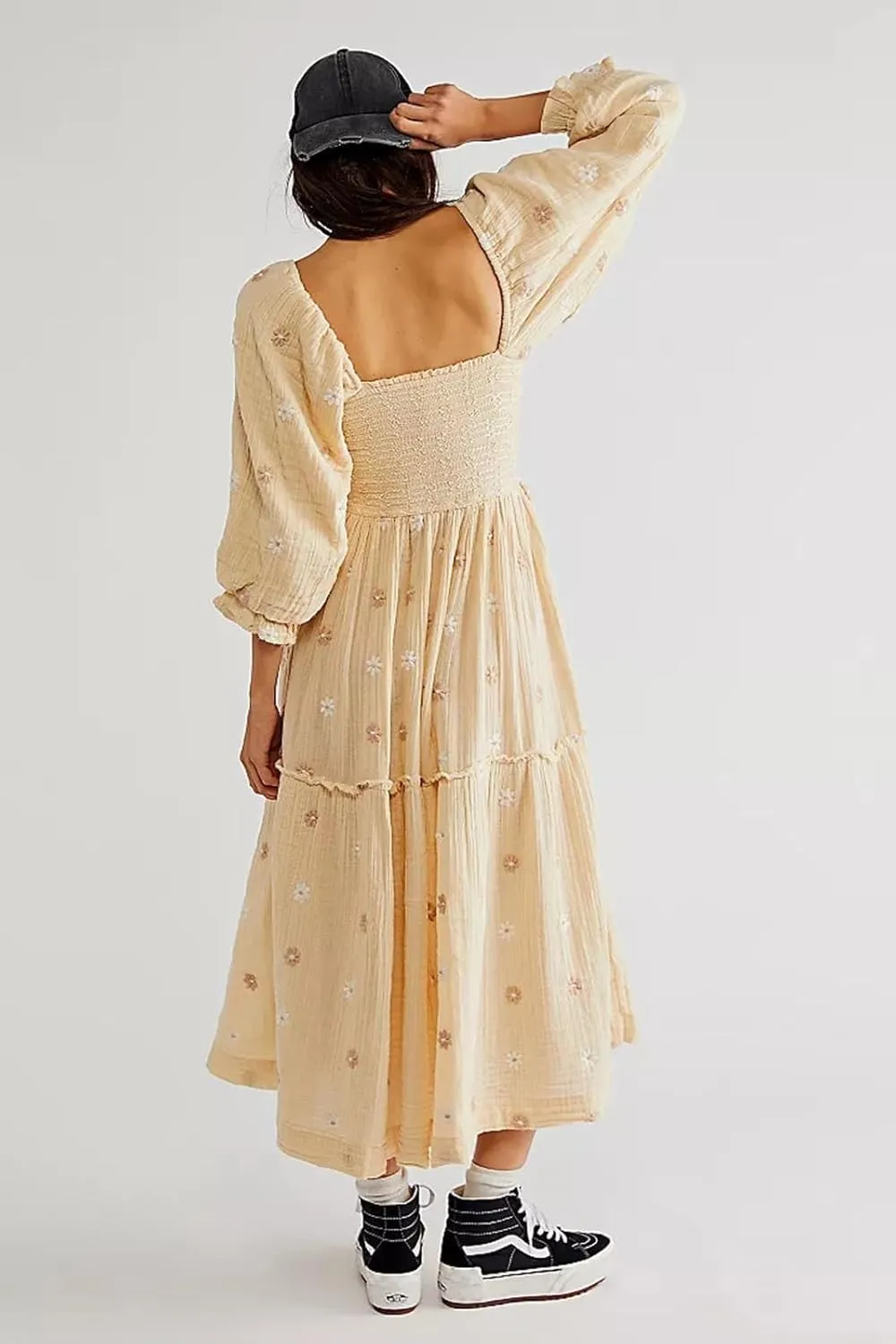 Women's Elastic Waist Flower Embroidered Maxi Dress Lantern Sleeve Square Neck Tiered Flowy Maxi Fall Dress