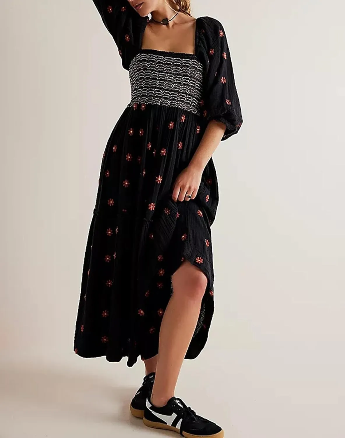 Women's Elastic Waist Flower Embroidered Maxi Dress Lantern Sleeve Square Neck Tiered Flowy Maxi Fall Dress