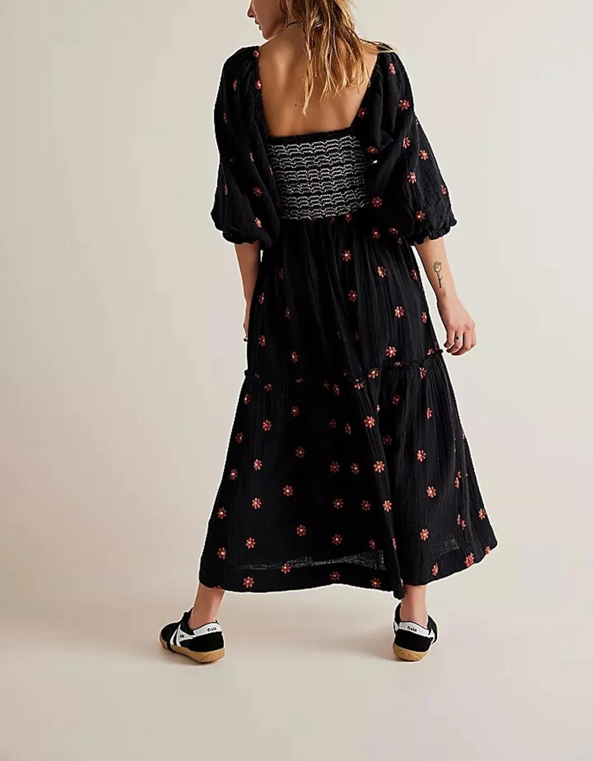 Women's Elastic Waist Flower Embroidered Maxi Dress Lantern Sleeve Square Neck Tiered Flowy Maxi Fall Dress