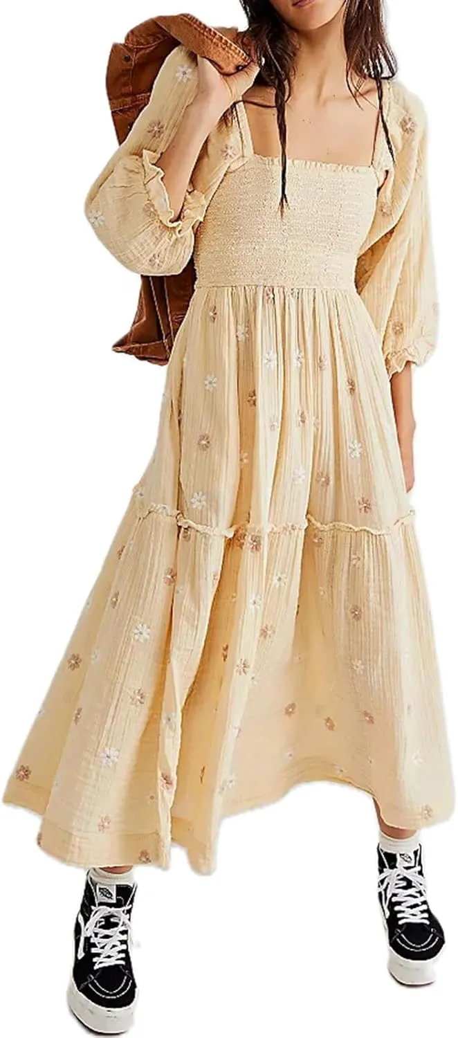 Women's Elastic Waist Flower Embroidered Maxi Dress Lantern Sleeve Square Neck Tiered Flowy Maxi Fall Dress