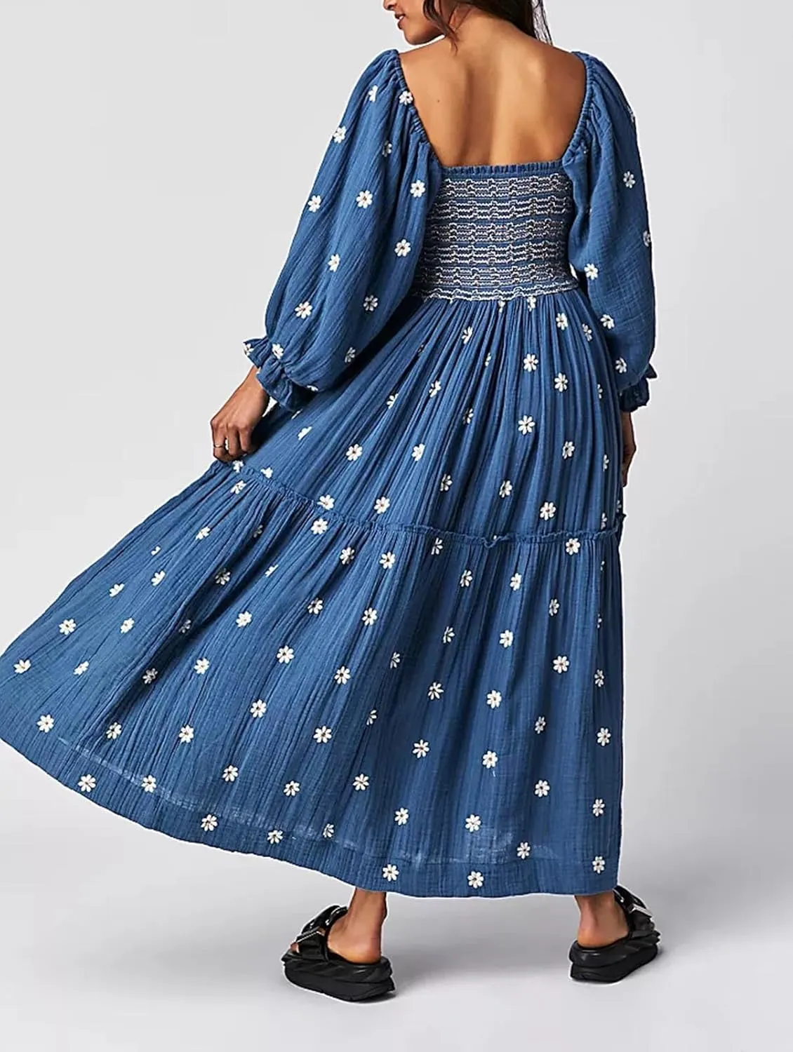 Women's Elastic Waist Flower Embroidered Maxi Dress Lantern Sleeve Square Neck Tiered Flowy Maxi Fall Dress