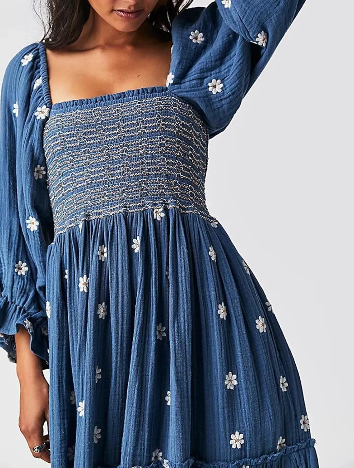 Women's Elastic Waist Flower Embroidered Maxi Dress Lantern Sleeve Square Neck Tiered Flowy Maxi Fall Dress