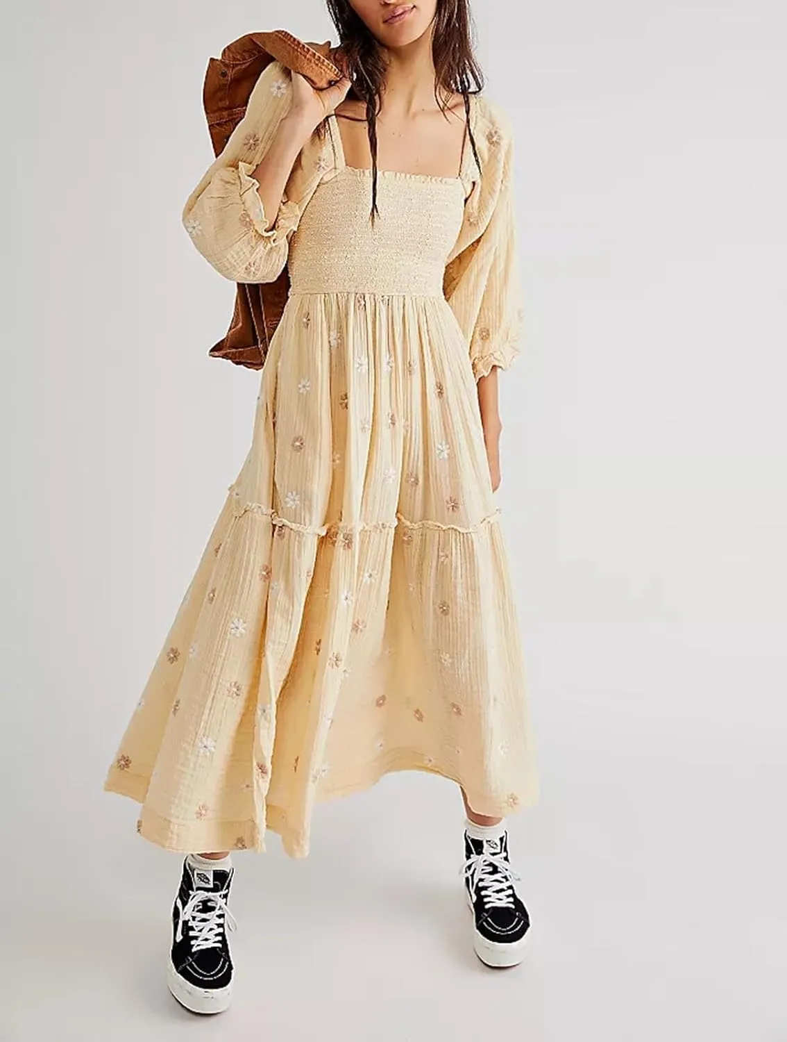 Women's Elastic Waist Flower Embroidered Maxi Dress Lantern Sleeve Square Neck Tiered Flowy Maxi Fall Dress
