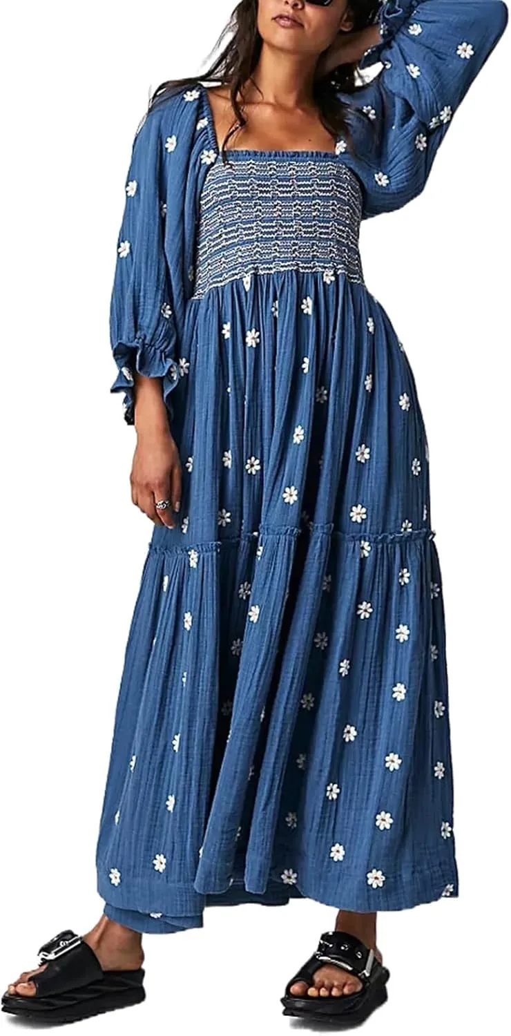 Women's Elastic Waist Flower Embroidered Maxi Dress Lantern Sleeve Square Neck Tiered Flowy Maxi Fall Dress