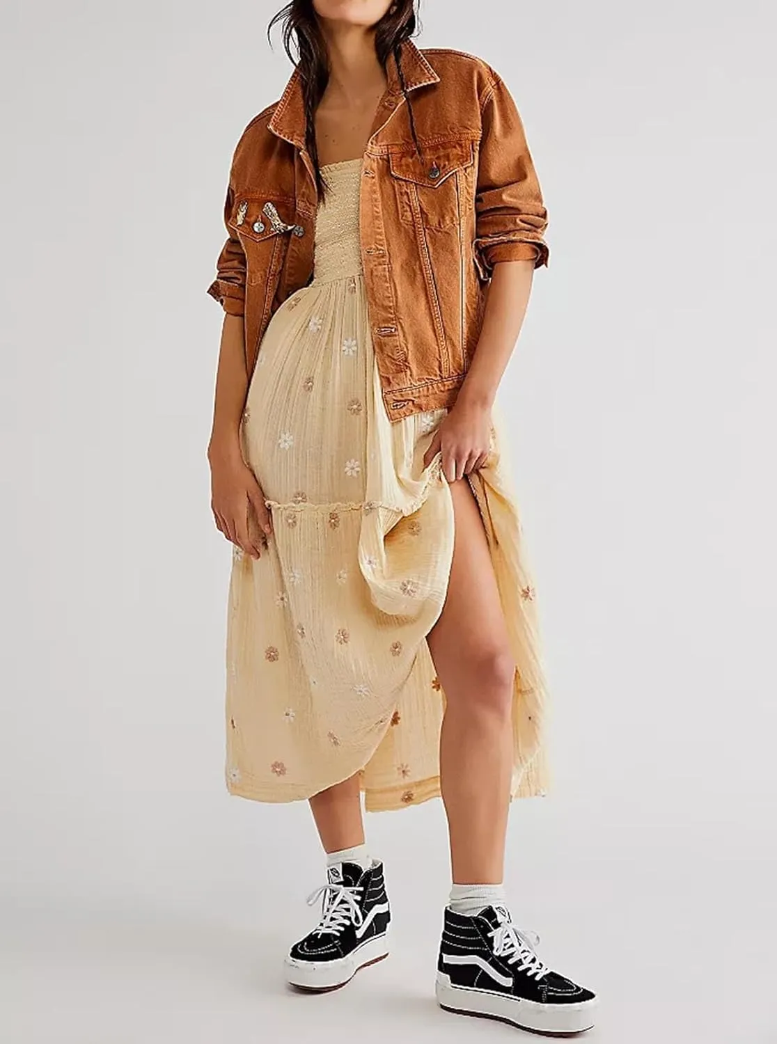 Women's Elastic Waist Flower Embroidered Maxi Dress Lantern Sleeve Square Neck Tiered Flowy Maxi Fall Dress