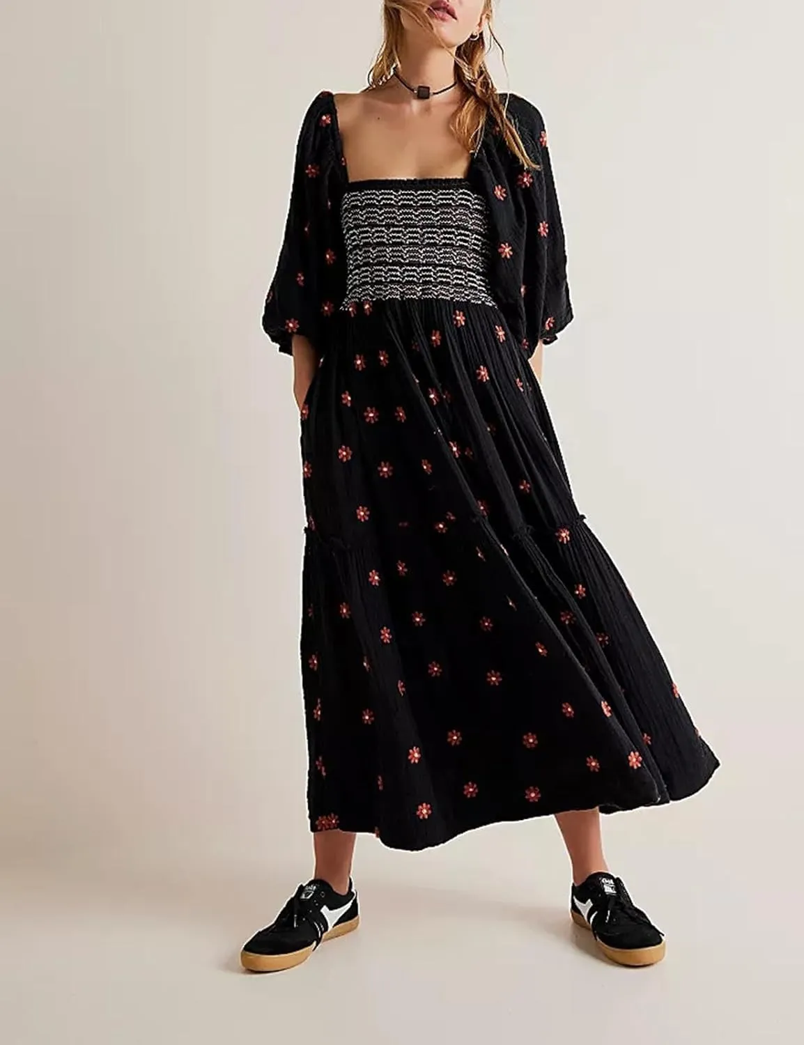 Women's Elastic Waist Flower Embroidered Maxi Dress Lantern Sleeve Square Neck Tiered Flowy Maxi Fall Dress