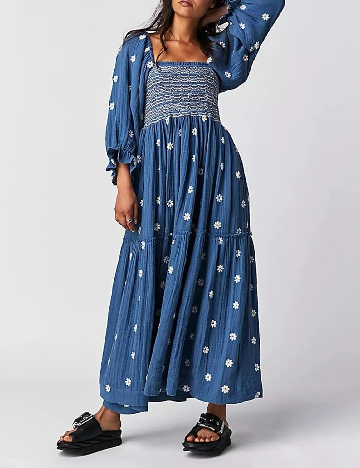 Women's Elastic Waist Flower Embroidered Maxi Dress Lantern Sleeve Square Neck Tiered Flowy Maxi Fall Dress