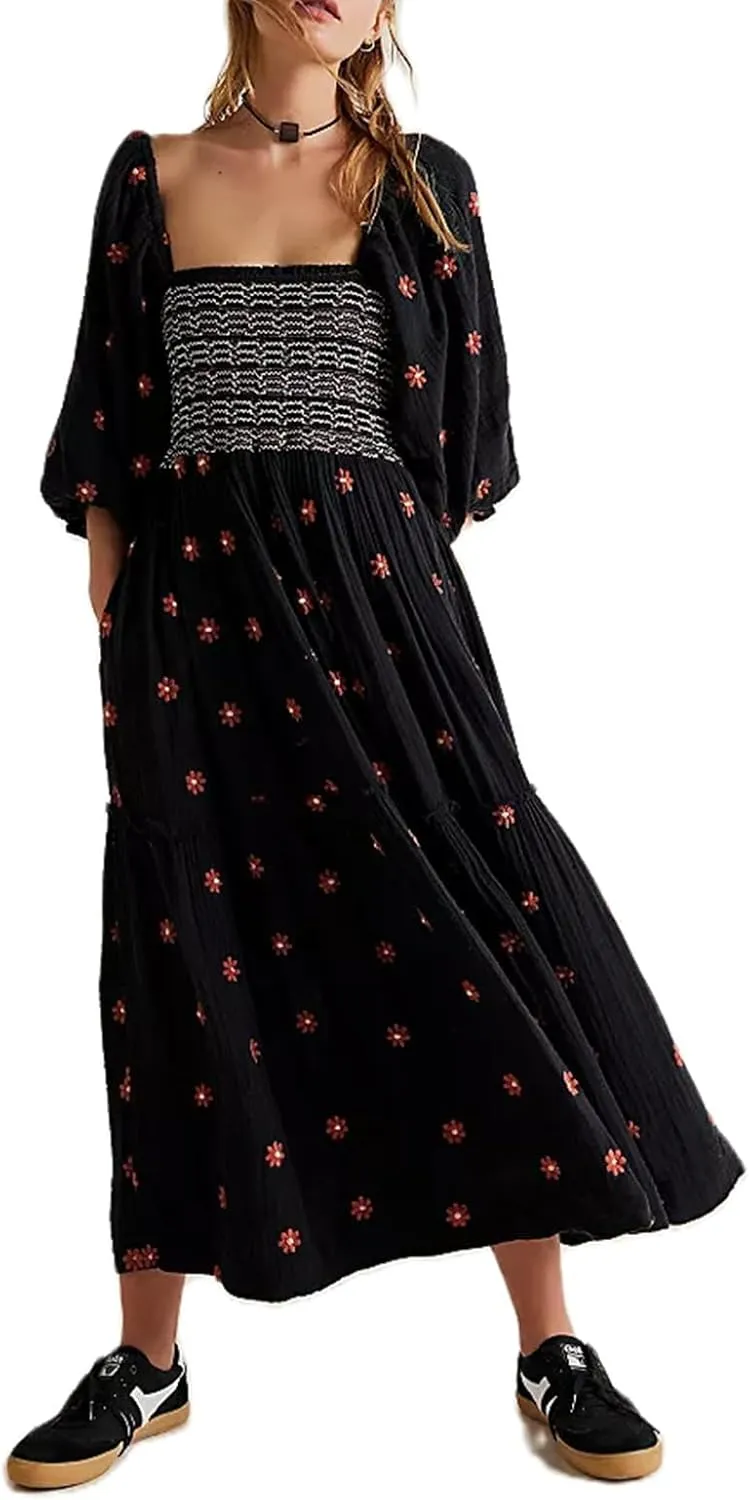 Women's Elastic Waist Flower Embroidered Maxi Dress Lantern Sleeve Square Neck Tiered Flowy Maxi Fall Dress