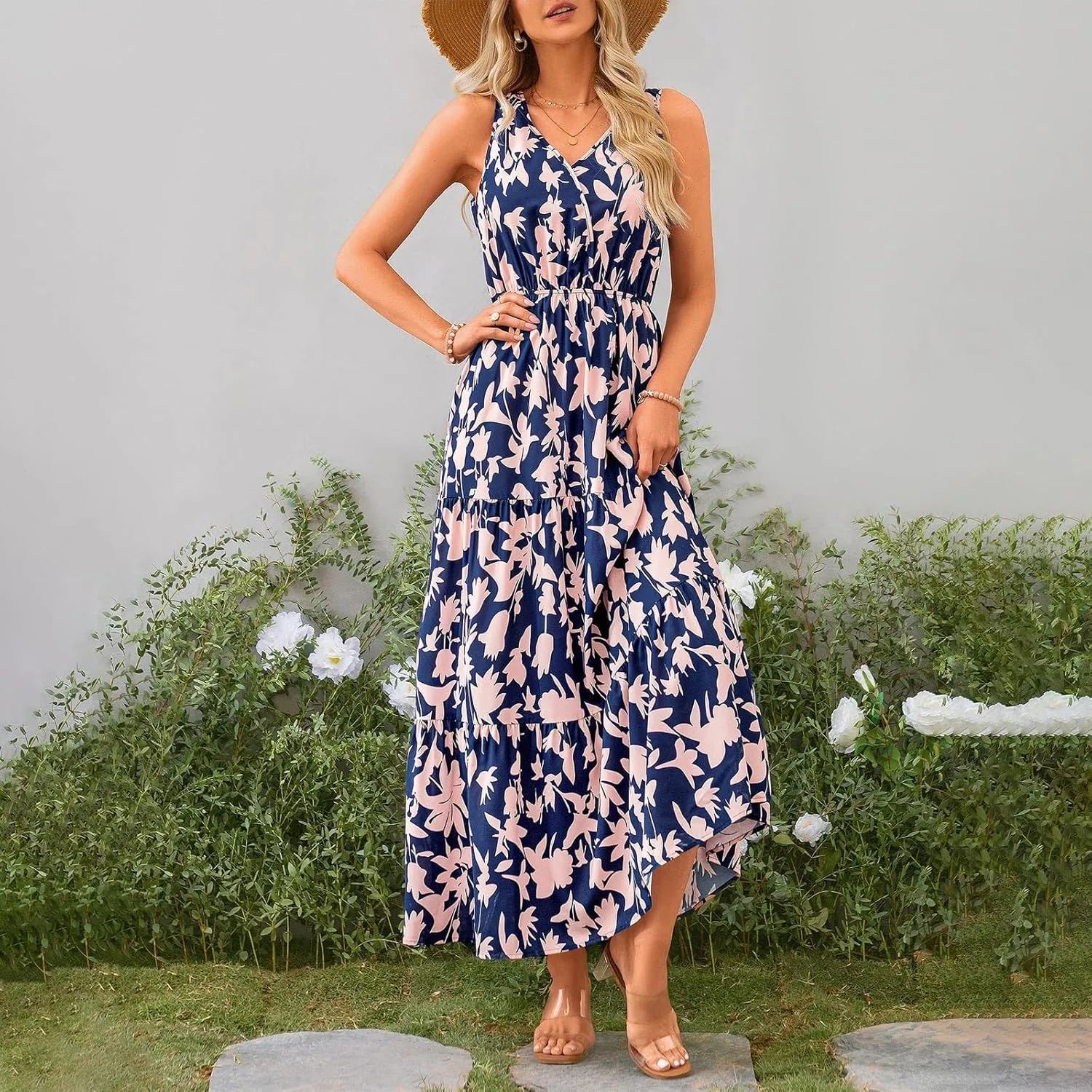 Womens Floral Maxi Dress Sleeveless Wrap V Neck Boho Long Dress Loose Flowy Swing Beach Dress Wedding Guest Dresses