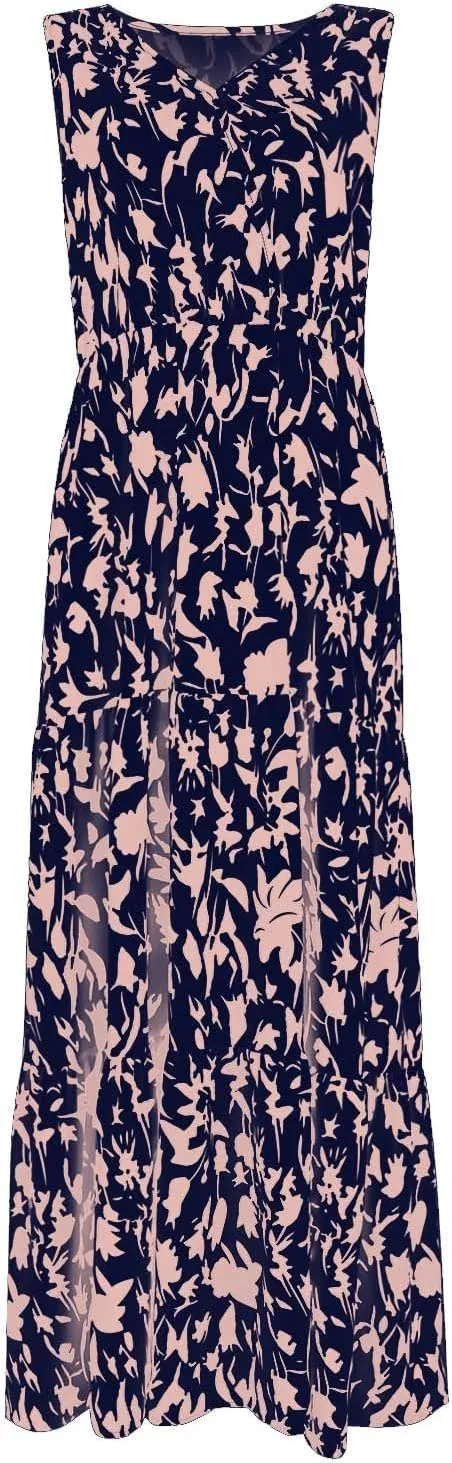 Womens Floral Maxi Dress Sleeveless Wrap V Neck Boho Long Dress Loose Flowy Swing Beach Dress Wedding Guest Dresses