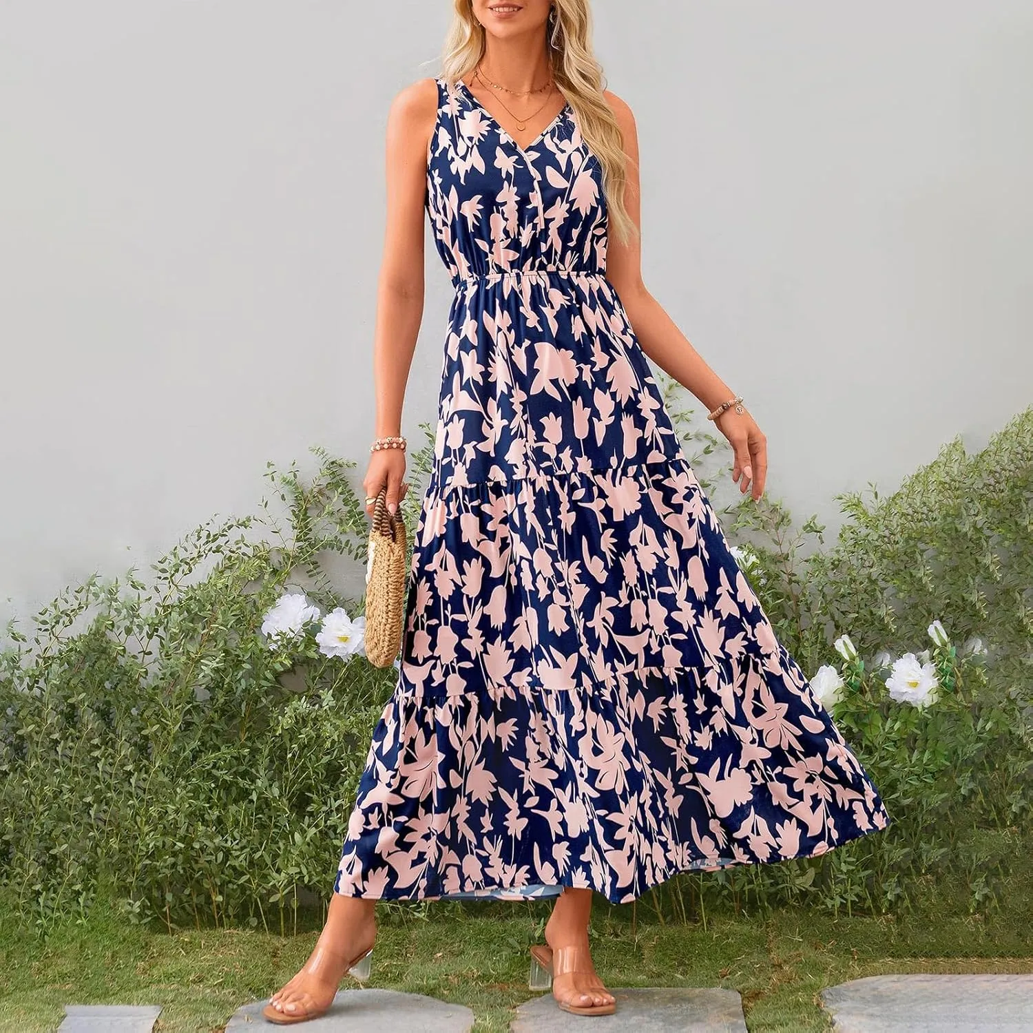 Womens Floral Maxi Dress Sleeveless Wrap V Neck Boho Long Dress Loose Flowy Swing Beach Dress Wedding Guest Dresses