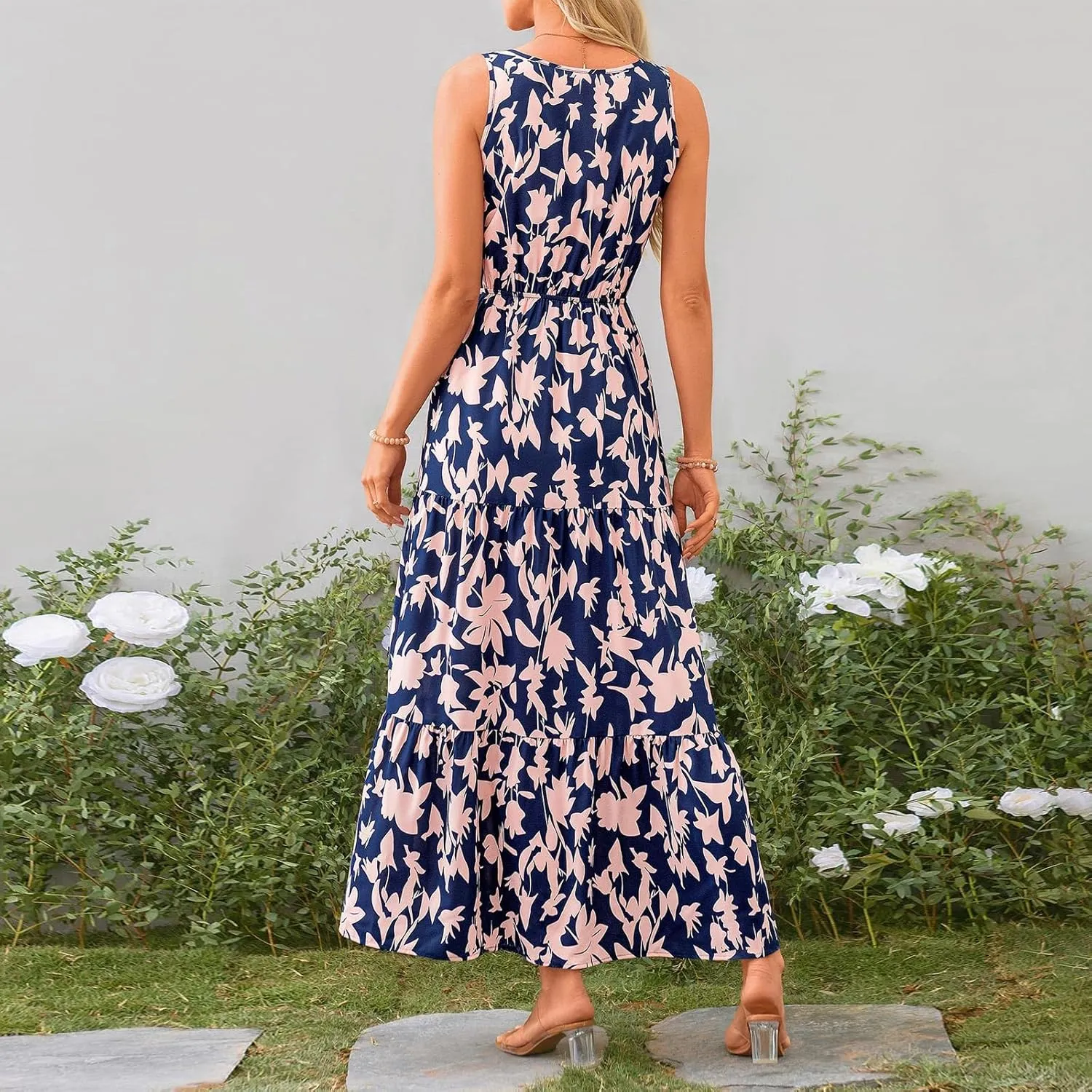 Womens Floral Maxi Dress Sleeveless Wrap V Neck Boho Long Dress Loose Flowy Swing Beach Dress Wedding Guest Dresses