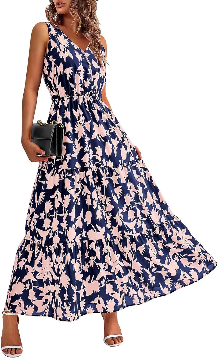 Womens Floral Maxi Dress Sleeveless Wrap V Neck Boho Long Dress Loose Flowy Swing Beach Dress Wedding Guest Dresses