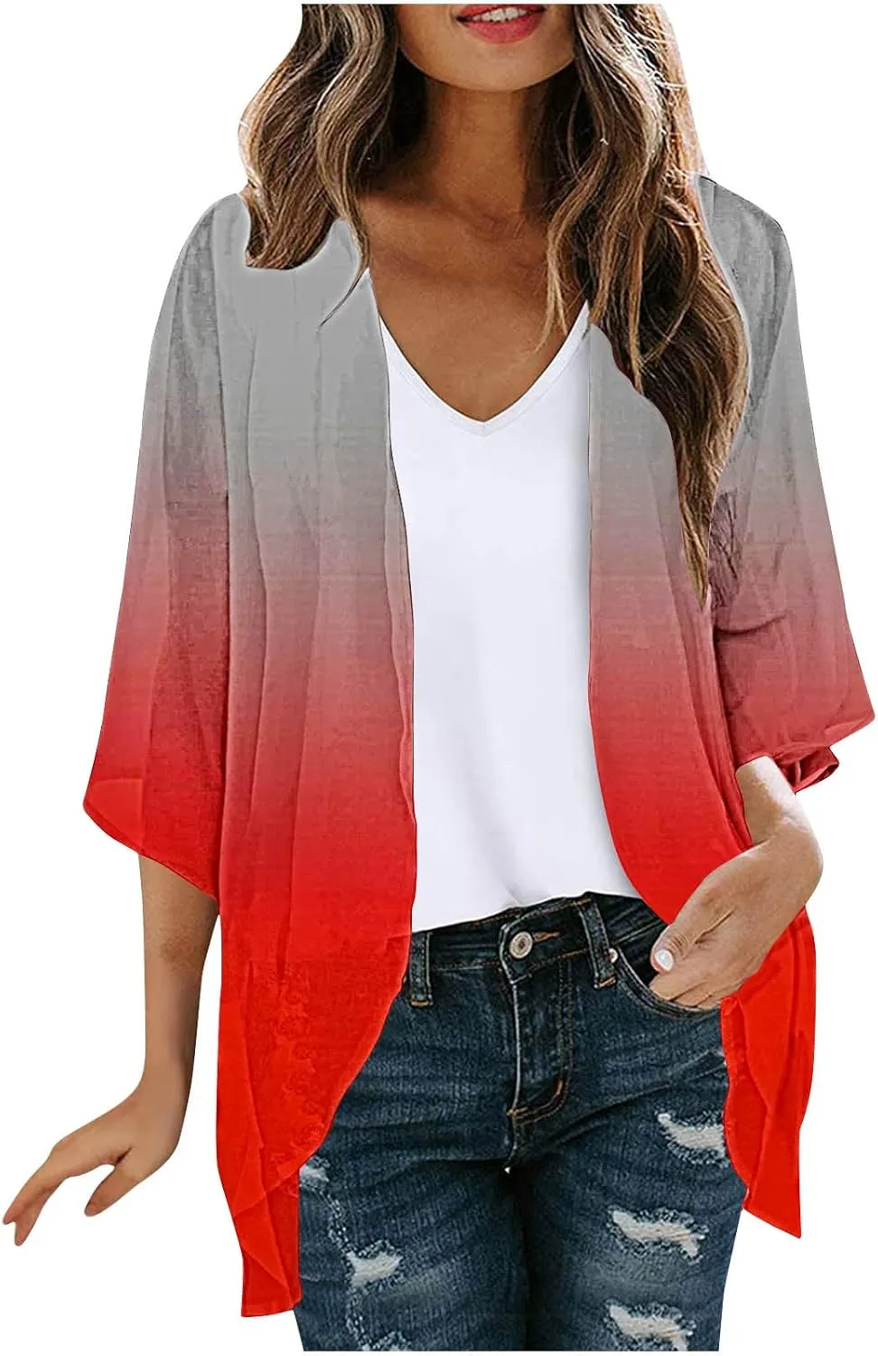 Womens Kimono Cover Ups Tops Gradient Tie Dye Summer Lightweight Cardigans Beach Sheer Blouse Shirts Loose Outfits