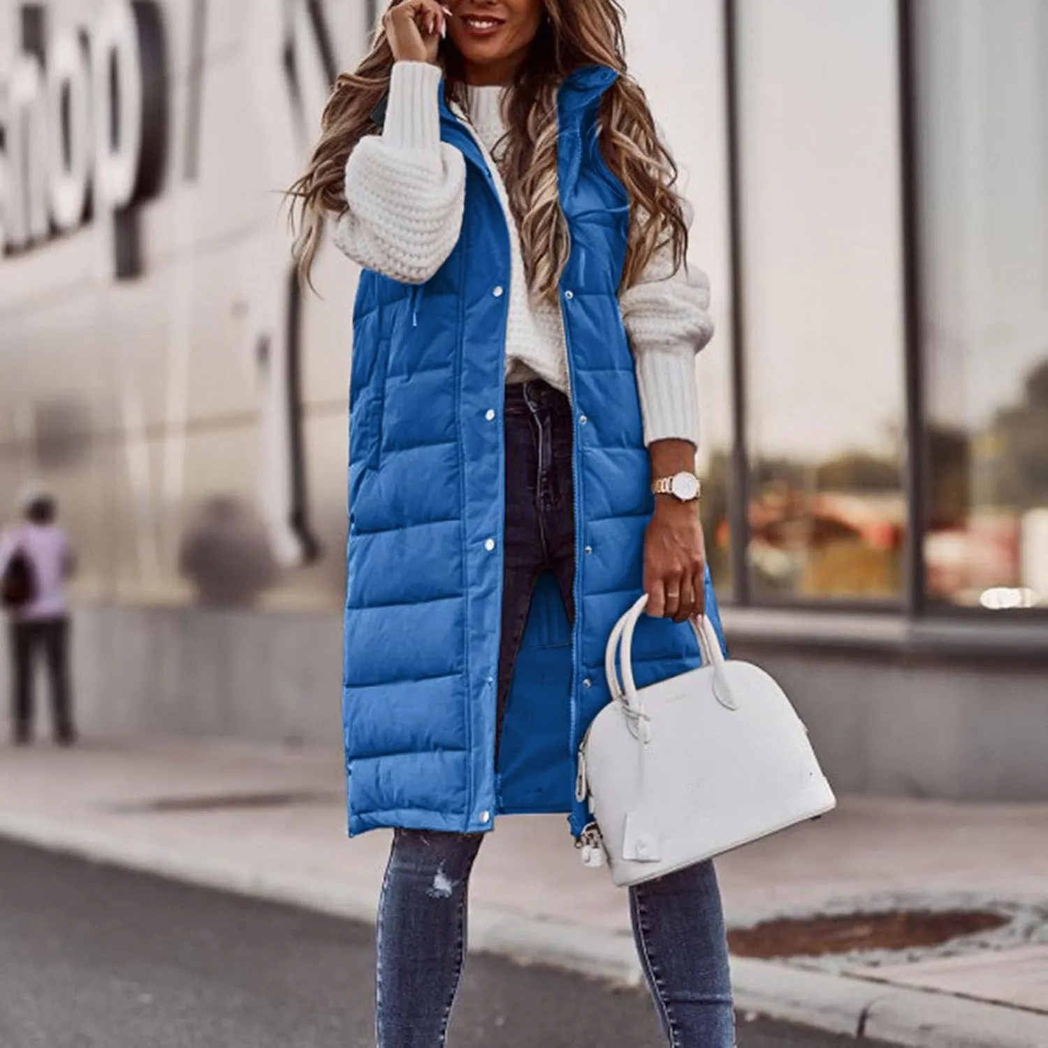 Womens Long Puffer Jacket Loose Breathable Sleeveless Down Coat Vest Temperament Padded Outwear Winter Warm Clothes