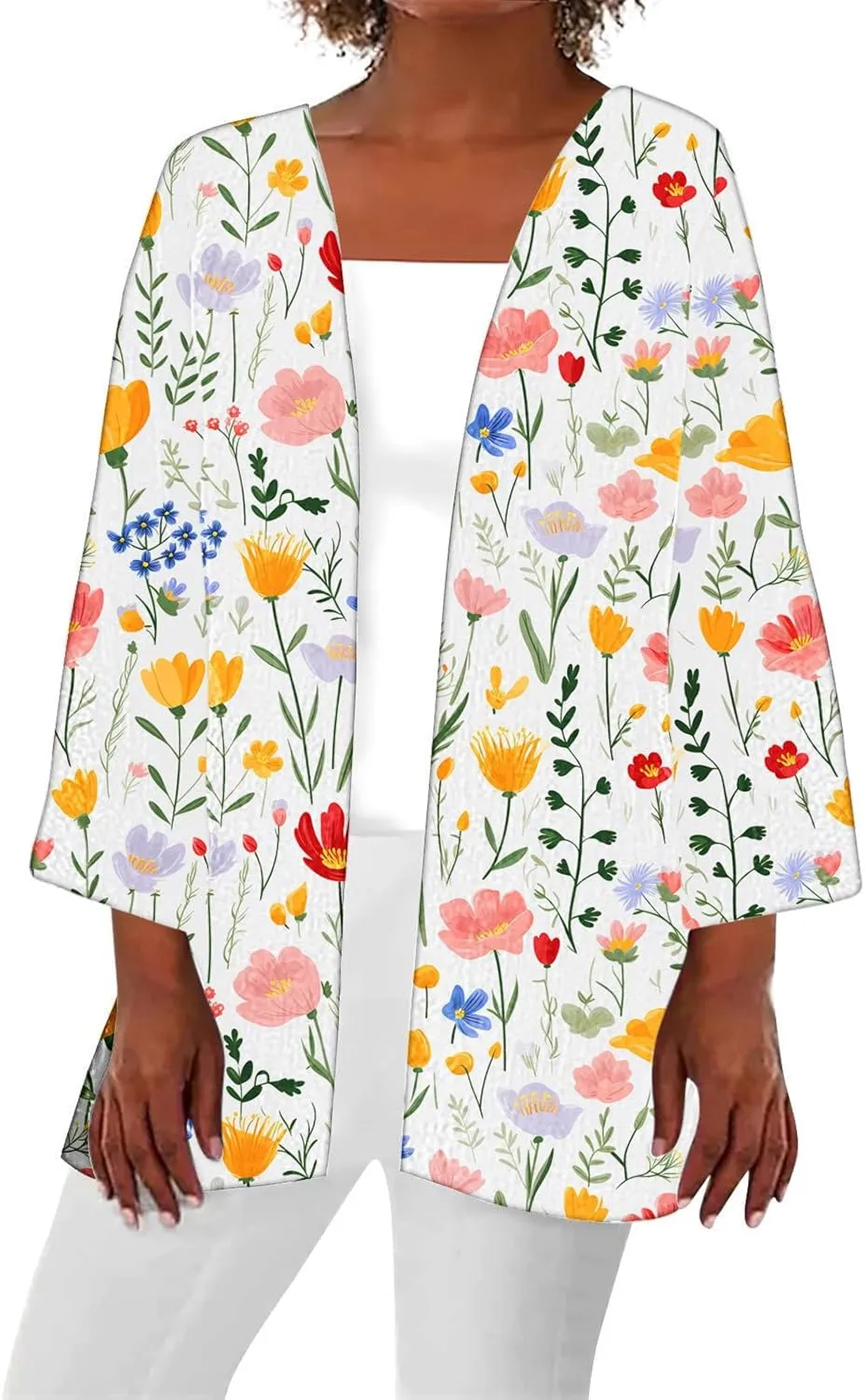 Women's Open Front Cardigan 3/4 Sleeve Casual Duster Cardigans Floral Print Jackets Lightweight Shrugs Blouse Tops