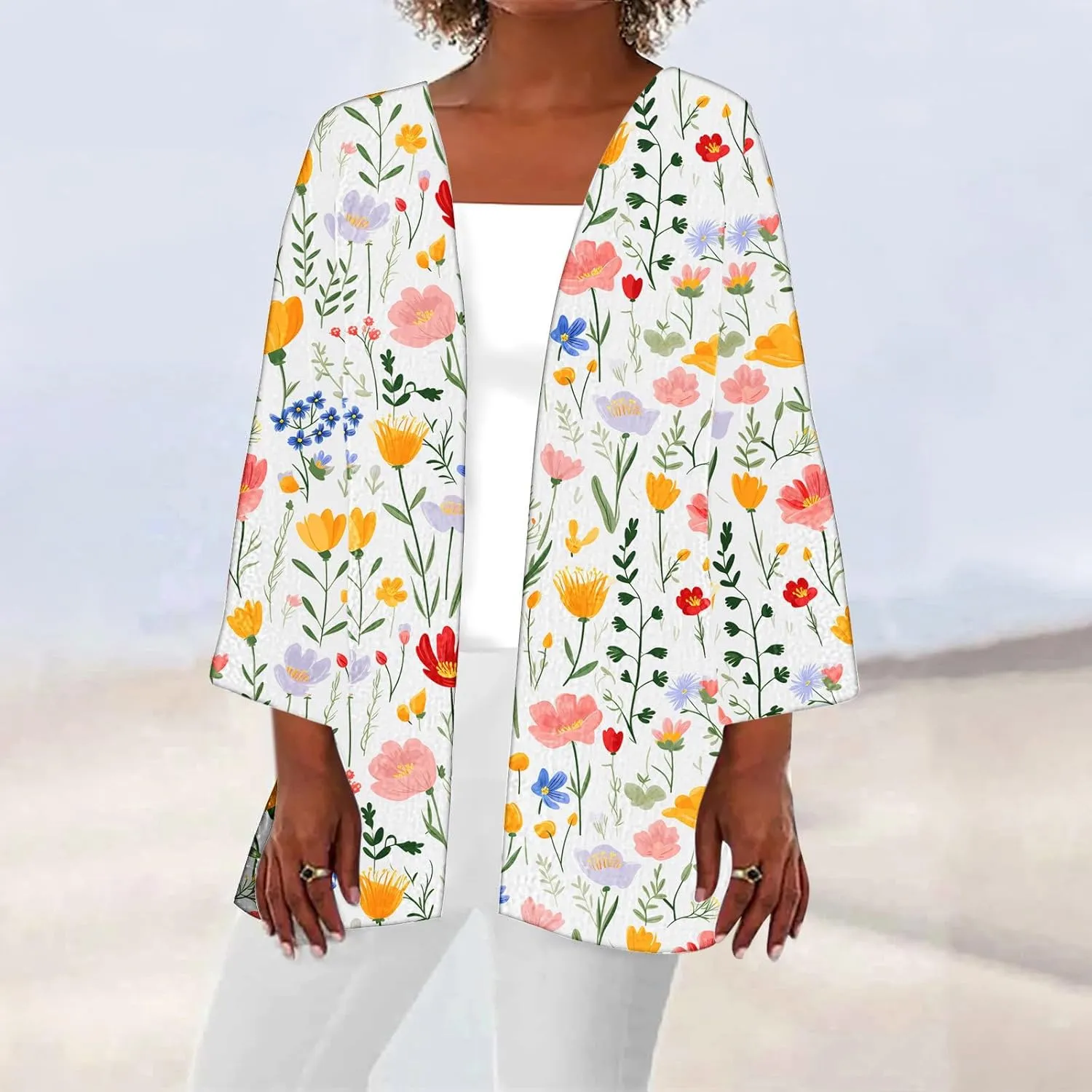 Women's Open Front Cardigan 3/4 Sleeve Casual Duster Cardigans Floral Print Jackets Lightweight Shrugs Blouse Tops