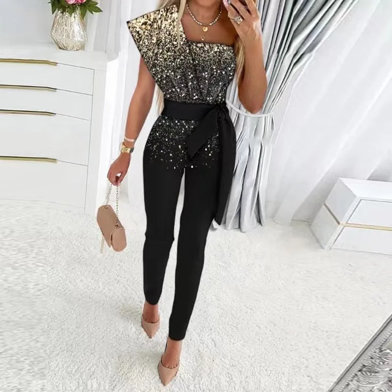 Women's Sexy One Shoulder Sequins Elegant Jumpsuit