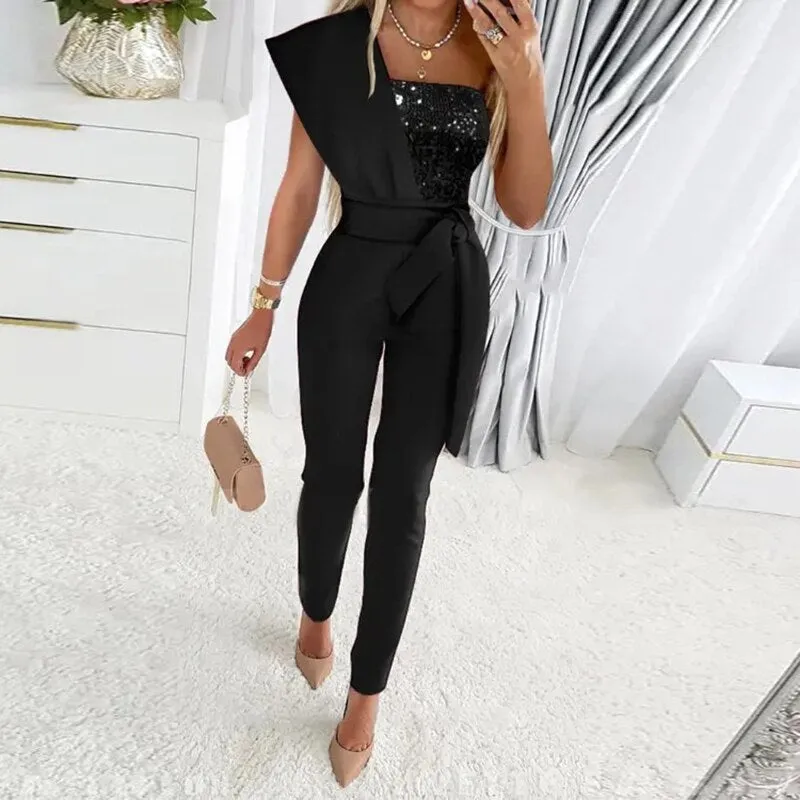 Women's Sexy One Shoulder Sequins Elegant Jumpsuit