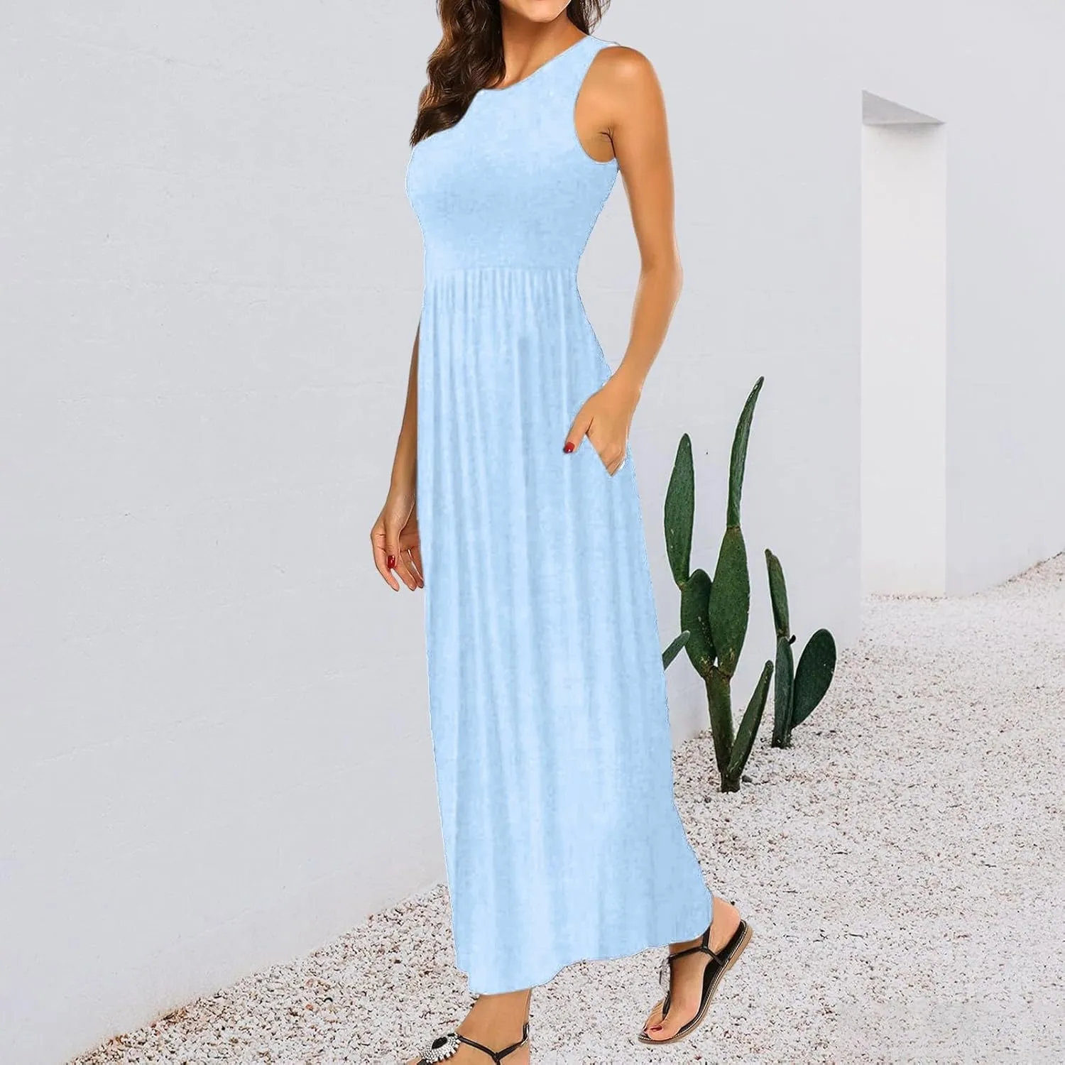 Women's Sleeveless Maxi Dress Patchwork Tank Top Flowy Dress Summer Pleated Long Sundress with Pockets