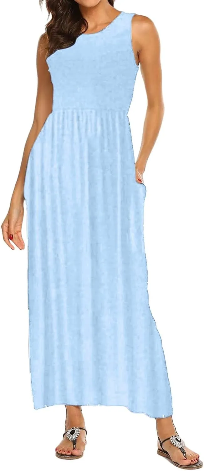 Women's Sleeveless Maxi Dress Patchwork Tank Top Flowy Dress Summer Pleated Long Sundress with Pockets