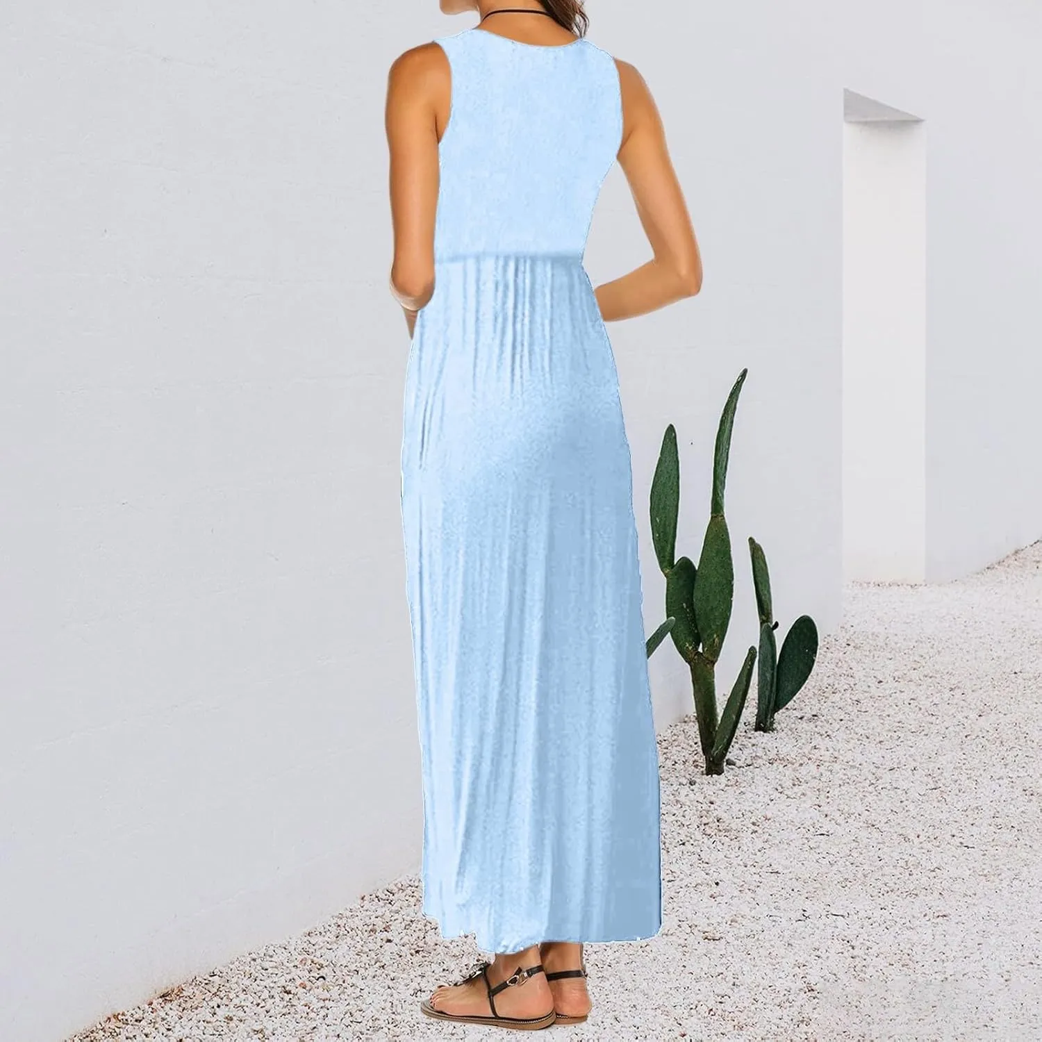 Women's Sleeveless Maxi Dress Patchwork Tank Top Flowy Dress Summer Pleated Long Sundress with Pockets