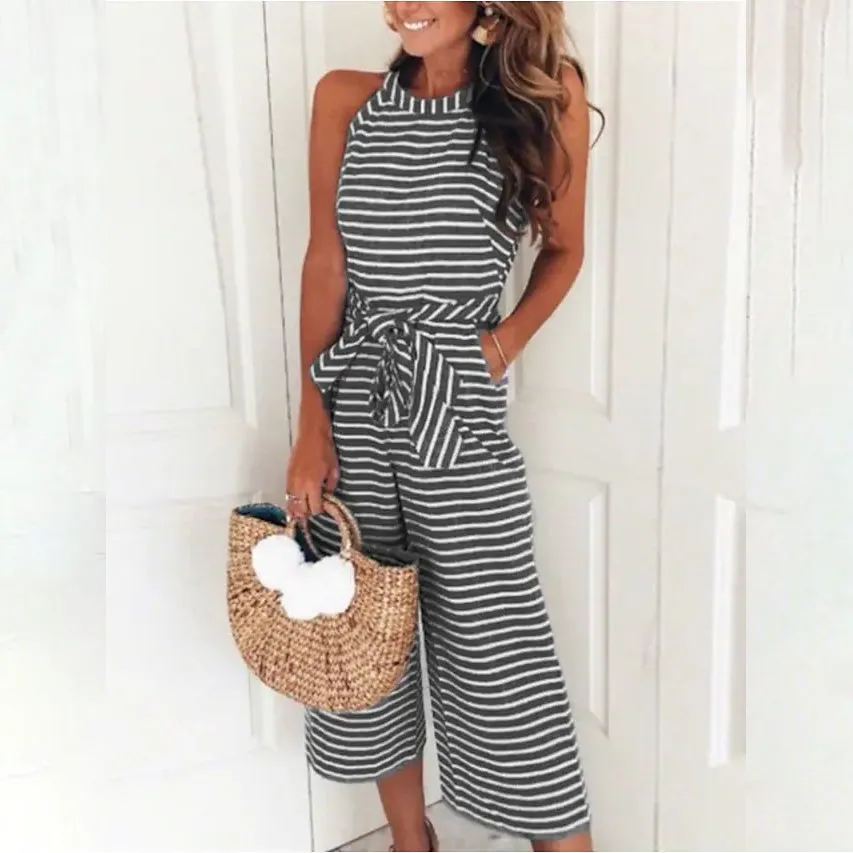 Women's Solid Color Crew Neck Casual Jumpsuit
