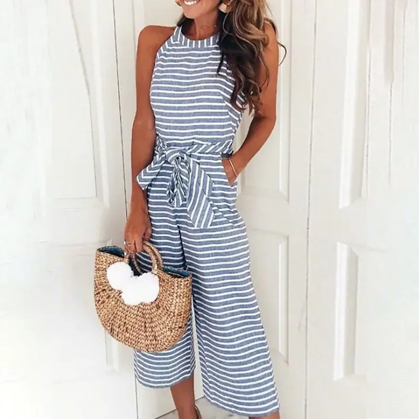 Women's Solid Color Crew Neck Casual Jumpsuit