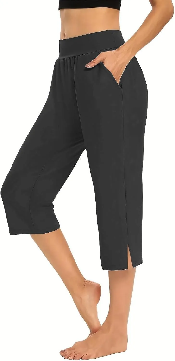Womens Stretchy Yoga Capris Straight Soft Workout Cropped Sweatpants High Waist Tummy Control Athletic Capri Leggings