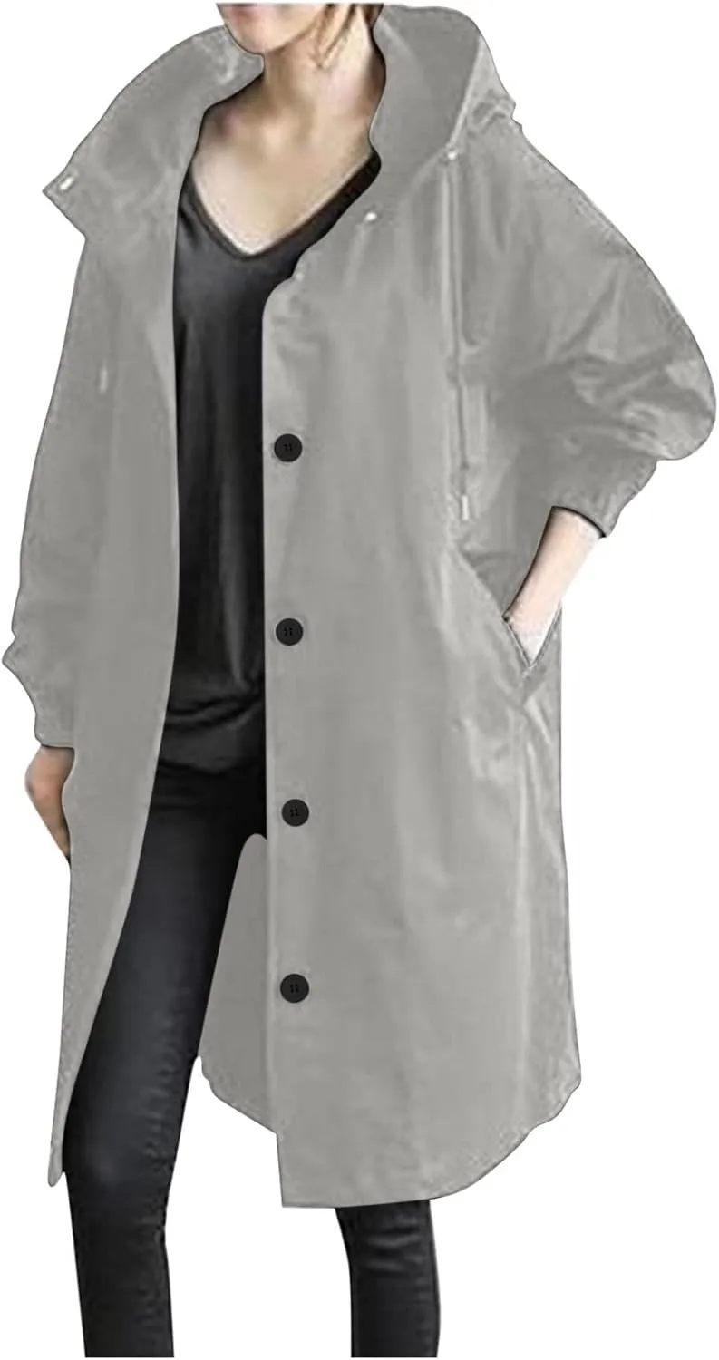 XUNRYAN Women's Windbreaker Waterproof Lightweight Rain Jacket Active Outdoor Hooded Raincoat Light Thin Maxi Long Coat