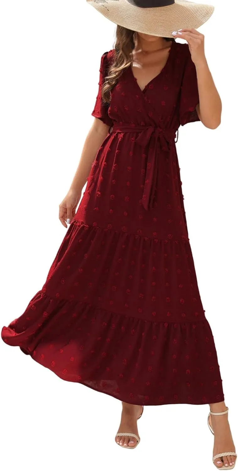 ZEFOTIM Women's Maxi Dress Work Solid Color Dress Short Sleeve V Neck Dresses