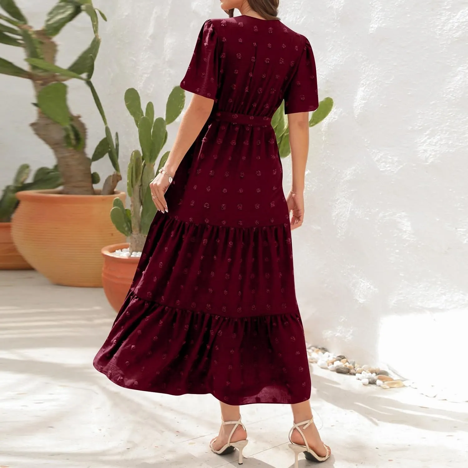 ZEFOTIM Women's Maxi Dress Work Solid Color Dress Short Sleeve V Neck Dresses