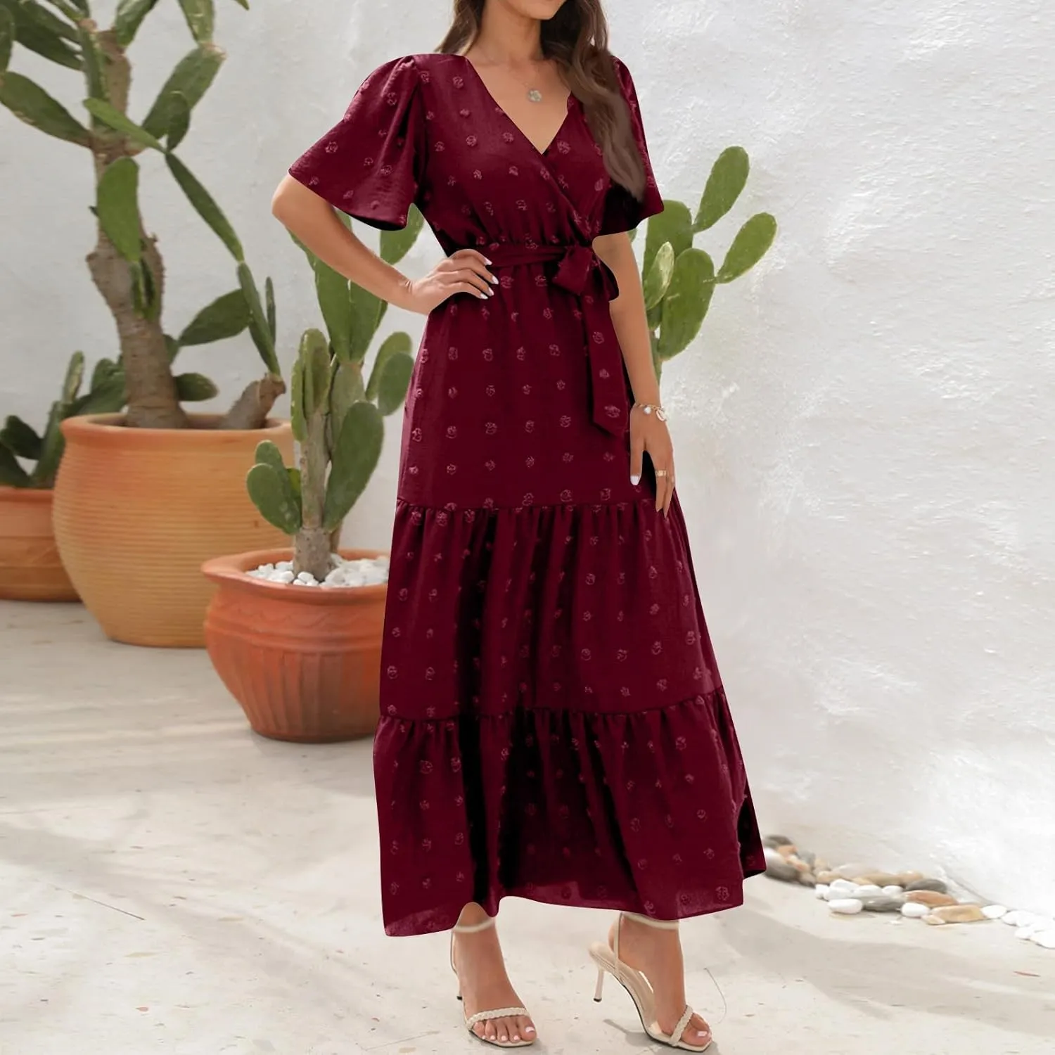 ZEFOTIM Women's Maxi Dress Work Solid Color Dress Short Sleeve V Neck Dresses